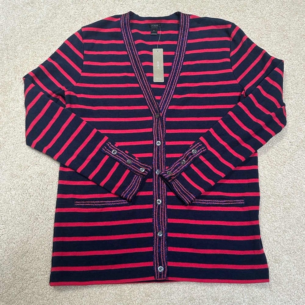 NWT J. Crew Cardigan Women’s Small Navy Red Stripes Metallic Trim Button Down